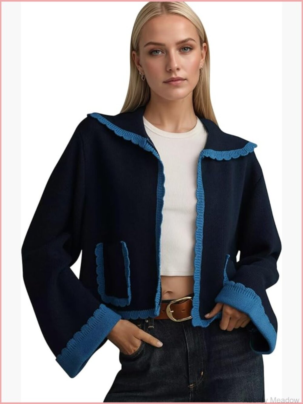Scallop Collar Color Block Bell Sleeve Open Front Cardigan with Pockets